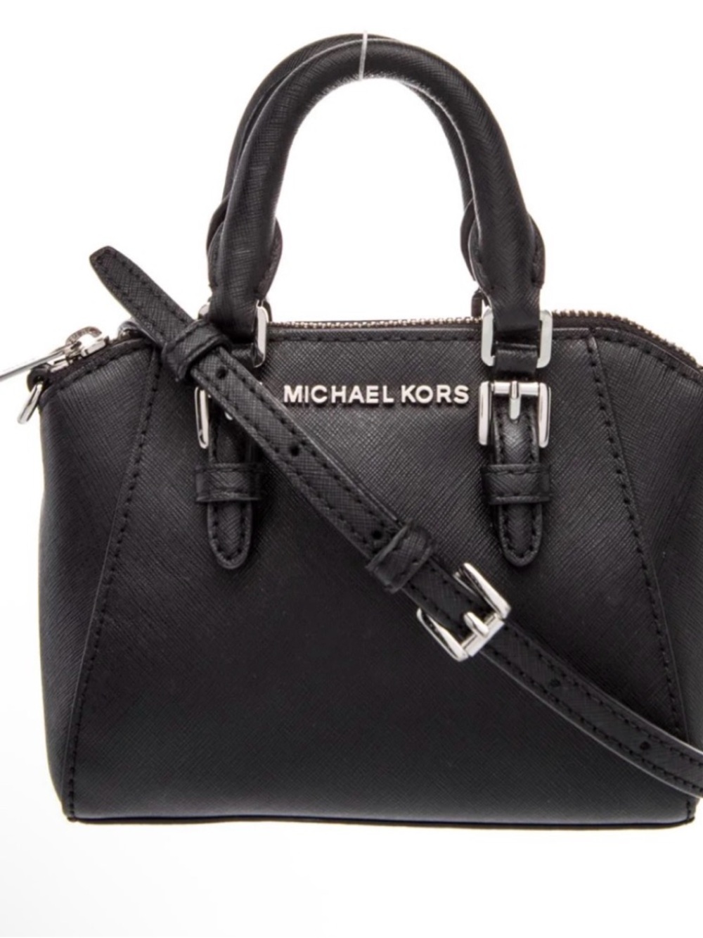 Michael Kors Ciara Black Mini Saffiano Leather Dome Satchel with Gold MK Charm - Picture 2 of 6
